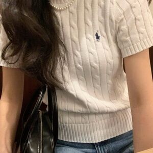 Polo by Ralph Lauren White Cable Knit Short Sleeve Pullover Sweater